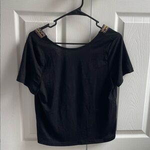 Chic Black Women's Top with Colorful Shoulder Accents